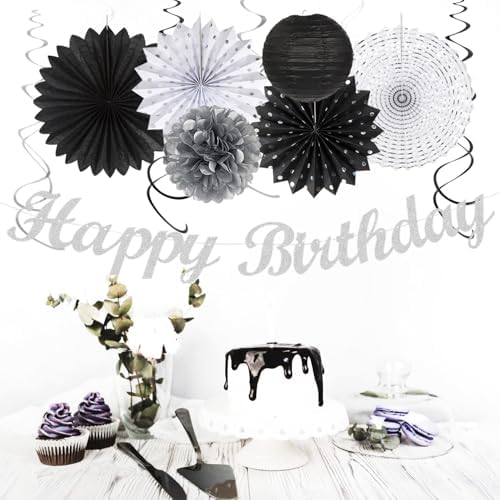 Black White Silver Birthday Party-decorations - 21pcs Boys Men Happy Banner,Paper Streamers Lanterns Honeycomb,Tissue Pom Poms Fan,Adult Supplies Decor 16th 20th 40th 45th 50th 60th Huglony - Image 7