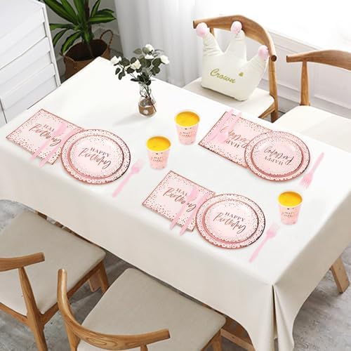 Pink Rose Gold Happy Birthday Party Plates, 168PCS Birthday Party Supplies - Image 7