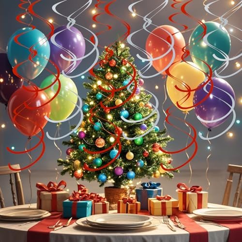 Colorful Ceiling Swirl Foil Decorations Hanging Plastic Streamer Themed Swirl Party for Christmas Graduation Celebration, Pack of 28 (Red and Sliver) - Image 5