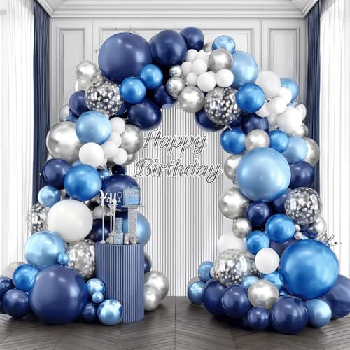 Blocesa Navy Blue White Silver Balloons Arch Kit, Latex, Party Decor. by Bloces
