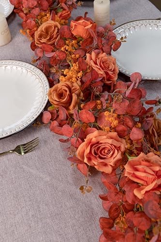 Anna's Whimsy 5.91FT Artificial Eucalyptus Garland with Flowers, Fall Decor Fake Rose Gypsophila Garland, Fall Flower Faux Floral Garlands for Wedding Home Party Table Runner(Orange, 1) - Image 5