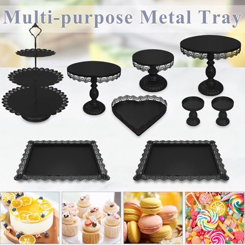 Set of 9 Cake Stands Metal Cupcake Stand Set Multiple Styles Candy Fruit Display Tower Dessert Plate Cake Serving Tray for Birthday Party Wedding Anniversary Baby Shower Engagement (Black) - Image 6