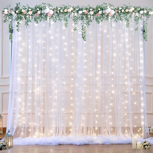 White Tulle Backdrop Curtain with Lights String for Parties Wedding Bridal Shower Sheer White Curtain Backdrop for Birthday Baby Shower Photo Booth Photography Background Decorations 10ft x 8ft by Suppromo