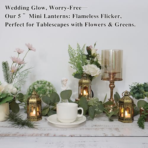 8Pcs 5-inch Mini Lanterns Centerpieces for Table, Baby Shower Decorations, Vintage Small Lantern for Halloween Decorations, Party Lights for Enchanted Forest Decorations, Wedding Decor, Brushed Brass - Image 4