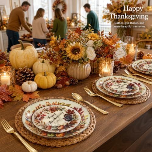 KIRE 60Pcs Thanksgiving Plates Plastic -Turkey and Pumpkin Fall Plastic Plates - Include 30Ps 10inch Dinner Plate and 30Pcs 7inch Dessert Plate for Thanksgiving/Friendsgiving Party - Image 6