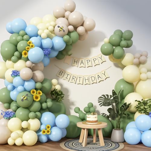 Green Blue Yellow Beige Balloons Arch Birthday Decorations Bear Baby Shower - Image 6