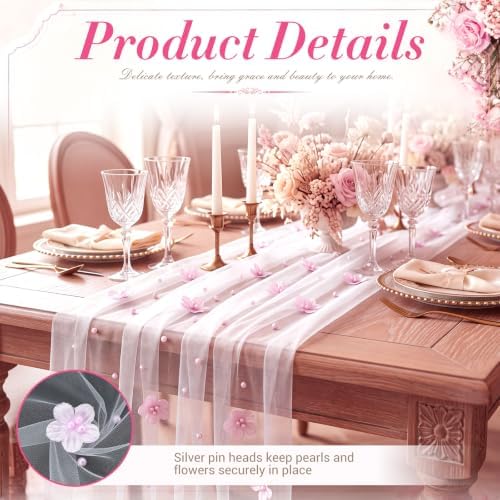 3 Pcs Flower Pearl Tulle Table Runner 10ft White for Wedding - Image 4