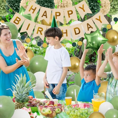 Retro Green Birthday Party Decorations for Women Girls, Happy Birthday Banner with Tissue Paper Pompoms, Paper Tassel, Circle Garland, Hanging Swirl, Party Balloons for Party Decorations - Image 6
