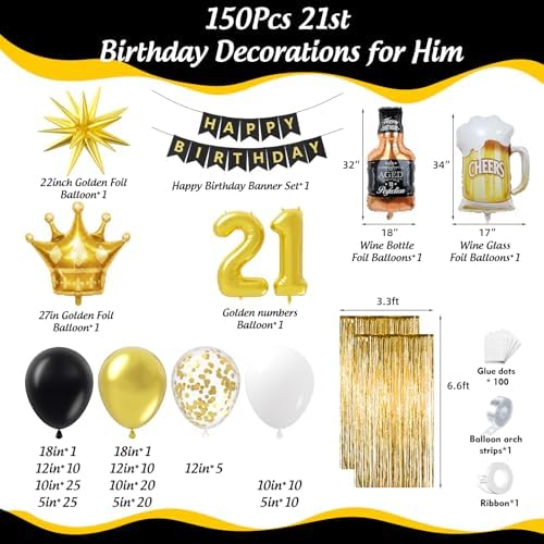 21st Birthday Decorations for Him 150pcs with Number 21 Foil Balloon Fringe Curtains White Black and Gold Balloons Arch Kit for 21st Birthday Decorations Graduation Birthday Balloons for Bed - Image 2