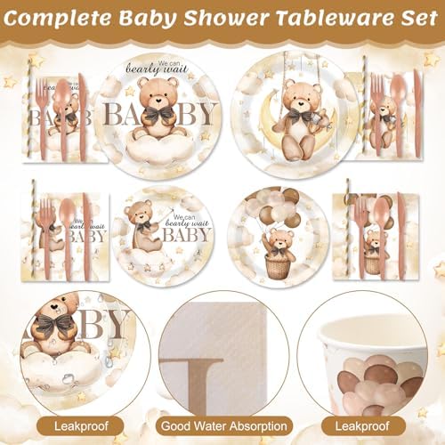 450 Pcs Bear Baby Shower Tableware Set, Serve 50, Brown - Image 3