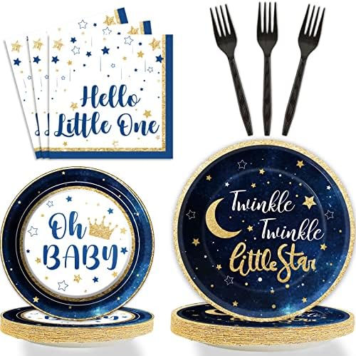 Wiooffen 96 Pcs Twinkle Twinkle Little Star Party Gender Reveal Supplies for 24 Guests Baby Shower Plates Napkins Forks Tableware Set Disposable for Baby Girls or Boys by Wiooffen