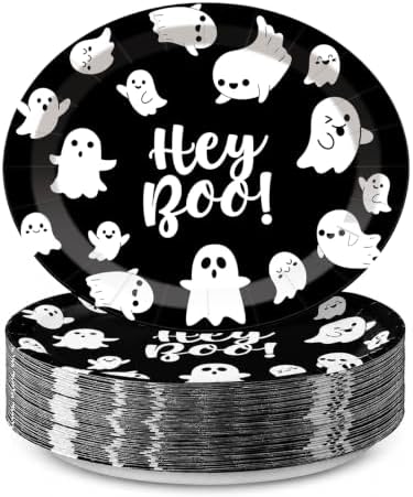 50 Pcs Halloween Oval Hey Boo Paper Plates, 11 x 9 Inch by EUVBOKW