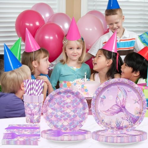 168PCS Mermaid Party Supplies Serves 24 Mermaid Themed Tableware Set Plates Cups Napkins Cutlery Straws Under The Sea Birthday Decorations for Girls - Image 5