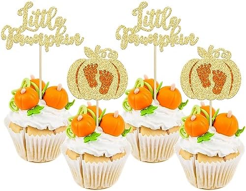 Ephlyn 24Pcs Little Pumpkin Cupcake Toppers Glitter Pumpkin Cupcake Picks Little Pumpkin Baby Shower Decorations Fall Harvest Theme Baby Shower Kids Birthday Party Supplies Gold by Ephlyn