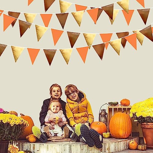 Fall Party Decorations Orange Gold Brown Metallic Fabric Triangle Pennant Banner Flag Bunting Garland for Autumn Fall Thanksgiving Wedding Birthday Bridal Shower Engagement Graduation Party Supplies - Image 5