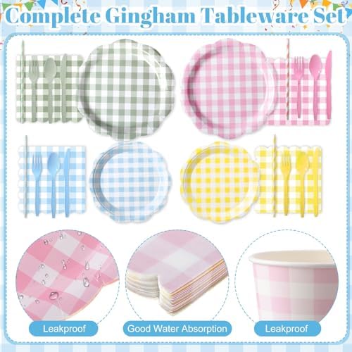 450 Pcs Gingham Tableware Set, Serve 50, Pastel - Image 3