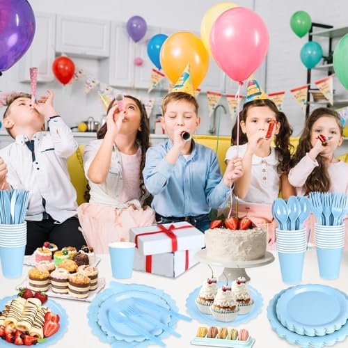 WNINK 175 PCS Light Blue Scalloped Plates and Napkins, Blue Disposable Plates Set with Napkins Cups Plastic Spoons Forks Knives for Birthday Baby Shower Gender Reveal Party Supplies Serve 25 Guests - Image 3