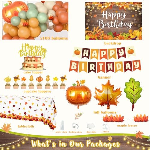 Fall Birthday Party Decorations, Orange Green Pumpkin Fall Birthday Supplies, Thanksgving Party Kit Autumn Maple Leaf Backdrop Balloon Arch Banner Tabelcloth Harvest Party Decorations - Image 2