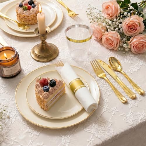 Ivory Gold Dinnerware Set Disposable Plates for 350PCS 50 Guests - Image 2