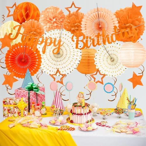 Orange Birthday Party-Decorations - 29pcs Orange Beige FAL Boho Party Decorations for Women Girls, Autumn Sweet Peach Thanksgiving Decorations Happy Birthday Banner Paper Tissue Pom Poms - ZERODECO - Image 7