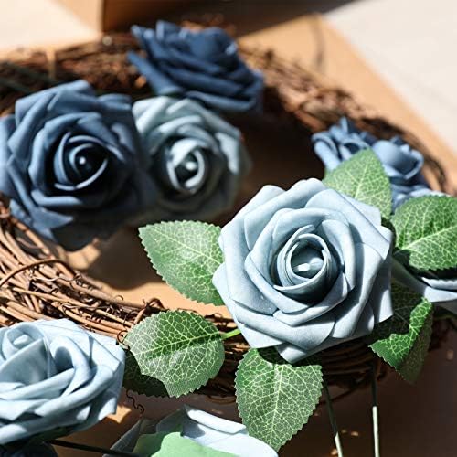 AmyHomie Dusty Blue Rose 25pcs Real Looking Artificial Flowers w/Stem - Image 3