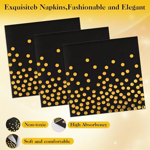 90 Pcs Black and Gold Plates and Napkins Party Supplies, Scalloped Gold Polka Dots Tableware Set Include Black Gold Dot Cake Dessert Plates, Napkin, Fork for Wedding, Retirement, Birthday, New Year - Image 4
