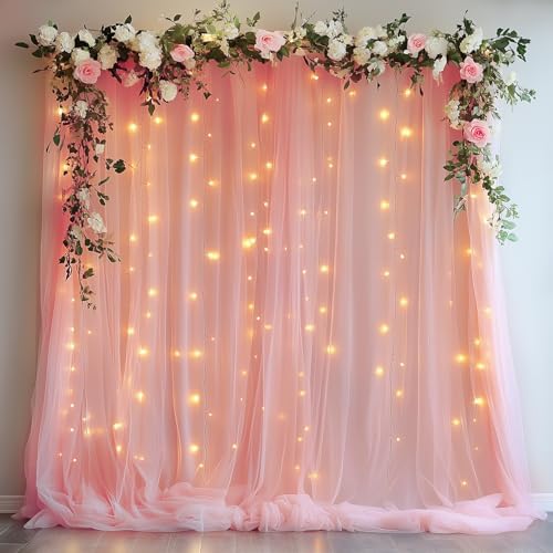 Tulle Backdrop Curtain with Lights 10x8FT Peach Sheer Curtains by Xiomot