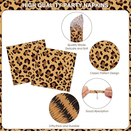 142 Pcs Cheetah Print Birthday Decorations Set - Happy Birthday Banner, Animal Leopard Paper Dinner Plates Napkins Cups, Plastic Tablecloth, Flatware for Cheetah Party Supplies Leopard Birthdays Decor - Image 4