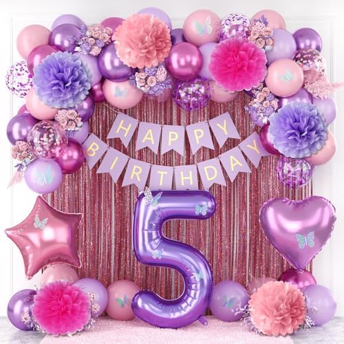 Pink Purple 5th Birthday Party Decoration for Girls Number 5 Princess Decor by KAINSY
