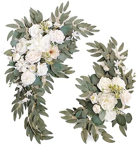 Artificial Wedding Arch Flowers Set of 2, Faux Floral Swag for Wedding Welcome Sign, Ceremony and Reception Backdrop Decoration (White) by BMQDSM