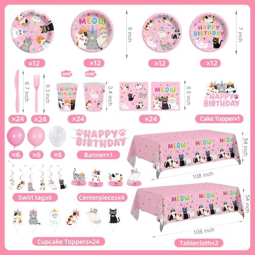 206pcs Pink Cat Birthday Decorations Plates Tableware Serves 24, Cat Party SuppliesPlates Napkins Cups Set Banner Balloons Tableware Cake Topper for Cat Girl Party Supplies - Image 6