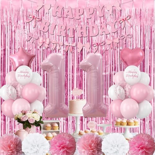 11th Birthday Decorations Girls Pink Number 11 Balloon Bow Coquette Party - Image 2