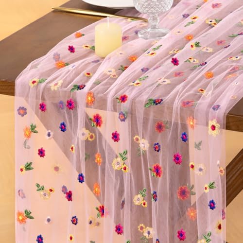 Flower Table Runner Fall Daisy Floral Tulle Cheesecloth Wedding Decor by Socomi