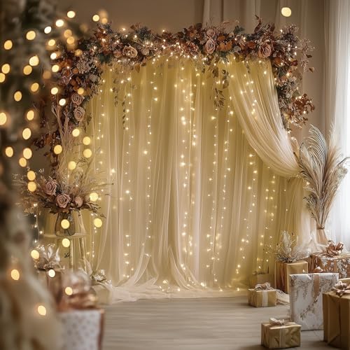 Tulle Backdrop Curtain with Lights 10x10FT Champagne Sheer Curtains - Image 6