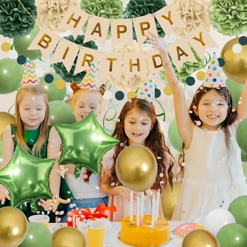 Retro Green Birthday Party Decorations for Women Girls, Happy Birthday Banner with Tissue Paper Pompoms, Paper Tassel, Circle Garland, Hanging Swirl, Party Balloons for Party Decorations - Image 7
