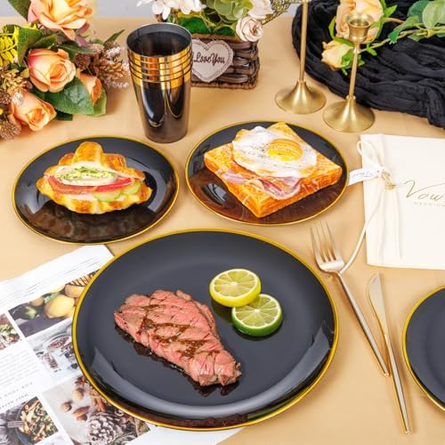 ejonirinjonir 180pcs Elegant Black Plastic Plates for Wedding, Gold Trim - Image 5
