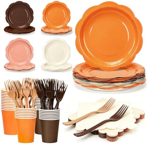 192Pcs Orange Paper Plates and Napkins for Fall Birthday, Thanksgiving by CENLBJ