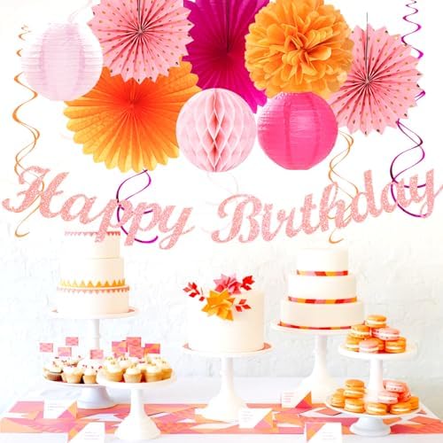Hot-Pink Orange Fall Birthday Party-Decorations - 21pcs Autumn Women Peach Happy Banner,Girls Groovy Paper Streamers Lanterns Honeycomb,Tissue Flowers Pom Poms Fan, Boho Garland Room Decor - Image 4