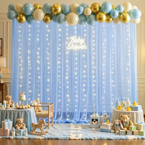 20ft x 15ft Baby Blue Tulle Photo Backdrop Curtain with Lights String for Parties Wedding Sheer Light Blue Curtain Backdrop for Baby Shower Boy Birthday Party Gender Reveal Photo Booth Background by Suppromo