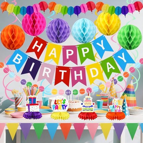 Birthday Decorations Kit, Happy Birthday Banner with Table Centerpieces, Colorful Paper Flag Garland, Hanging Swirl Streamers & Honeycomb Balls for All Birthday Party Decorations - Image 6