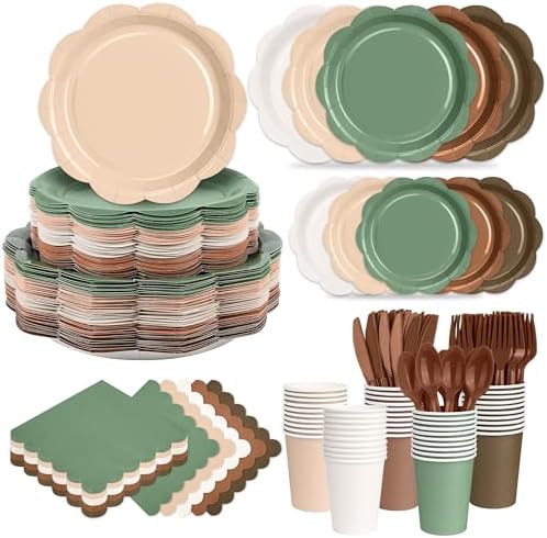 350 Pcs Woodland Baby Shower Party Supplies Set - Sage Green and Brown Paper Plates and Napkins Set Include Scalloped Paper Plate Napkin Cup Spoon Fork Knife for Safari Jungle Baby Shower Decorations by Unknown