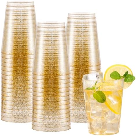 I00000 60 Pcs Gold Plastic Cups, 10 oz Hard Gold Glitter Disposable Cups by I00000