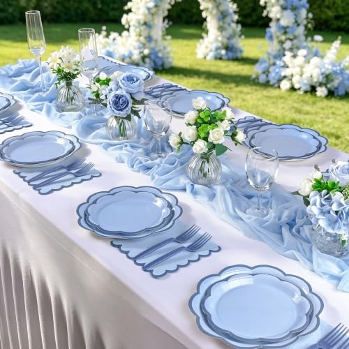 96 Pcs Blue Scalloped Paper Plates and Napkins Set Serve for 24 Guests - Image 4