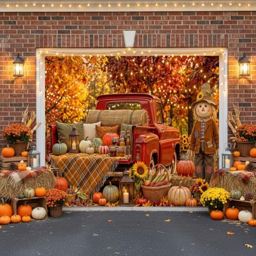 Fall Garage Door Cover 8x6ft Red Truck Pumpkin Scarecrow Harvest Decor - Image 2