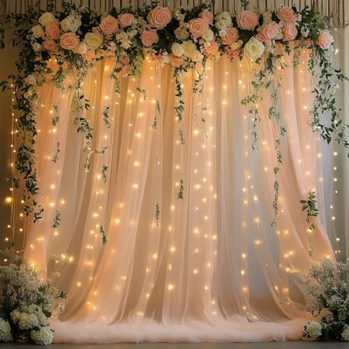 Champagne Tulle Backdrop with Fairy Lights for Parites Wrinkle-Free Sheer Curtain Drapes Photo Back Drop for Wedding Baby Shower Bridal Shower Birthday Dance Home Décor- 10ft×8ft, Champagne by HOLITS