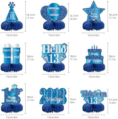 9Pcs 13th Birthday Decorations Blue Silver 13th Birthday Party Decorations for Teens Boys Girls,Happy 13 Years Birthday Honeycomb Centerpieces Table Sign Decor Supplies - Image 2