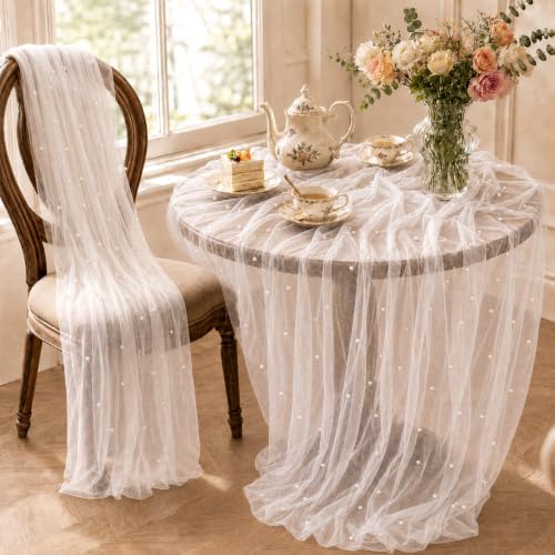 4 Pcs Pearl Table Runner 29x72 Inch White Tulle Wedding Table Decor - Image 5