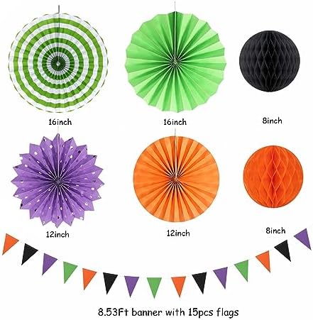 Black Purple Orange-Green Halloween Party-Decorations - 20pcs Paper Lanterns Fans,Tissue Pom Poms,Honeycomb Balls,Hotel Transylvania Hocus Pocus Birthday Baby Bridal Shower Wedding Decor Burgleda - Image 2