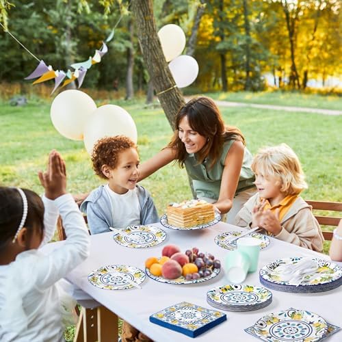 96Pcs Capri Lemon Blue Tiles Yellow Lemon Summer Citrus Fruit Party Plates Supplies Tableware Decorations Disposable Paper Plates Napkins Forks for Kids Birthday Baby Shower, Serves 24 - Image 6