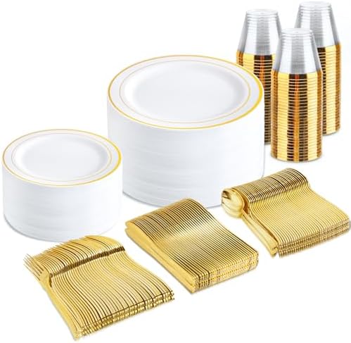 bUCLA 300PCS Gold Plastic Plates - White Gold Dinnerware set Disposable - Include 50 Each (Dinner&Dessert) Plates,50 Knives,50 Forks,50 Spoons,50 Cups for Party, Thanksgiving, Fall Harvest & Autumn by BUCLA